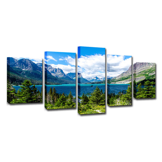 St Mary Lake Scenery Canvas Art Modern Multi-Piece Family Room Wall Decor in Sky Blue Clearhalo 'Art Gallery' 'Canvas Art' 'Contemporary Art Gallery' 'Modern' Arts' 1615388