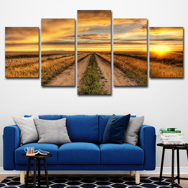 Modern Sunset Farm Lane Art Print Canvas Multi-Piece Yellow Wall Decor for House Interior Yellow Clearhalo 'Art Gallery' 'Canvas Art' 'Contemporary Art Gallery' 'Modern' Arts' 1615407