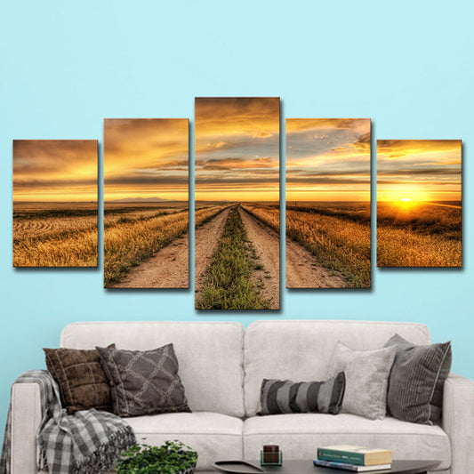 Modern Sunset Farm Lane Art Print Canvas Multi-Piece Yellow Wall Decor for House Interior Clearhalo 'Art Gallery' 'Canvas Art' 'Contemporary Art Gallery' 'Modern' Arts' 1615408