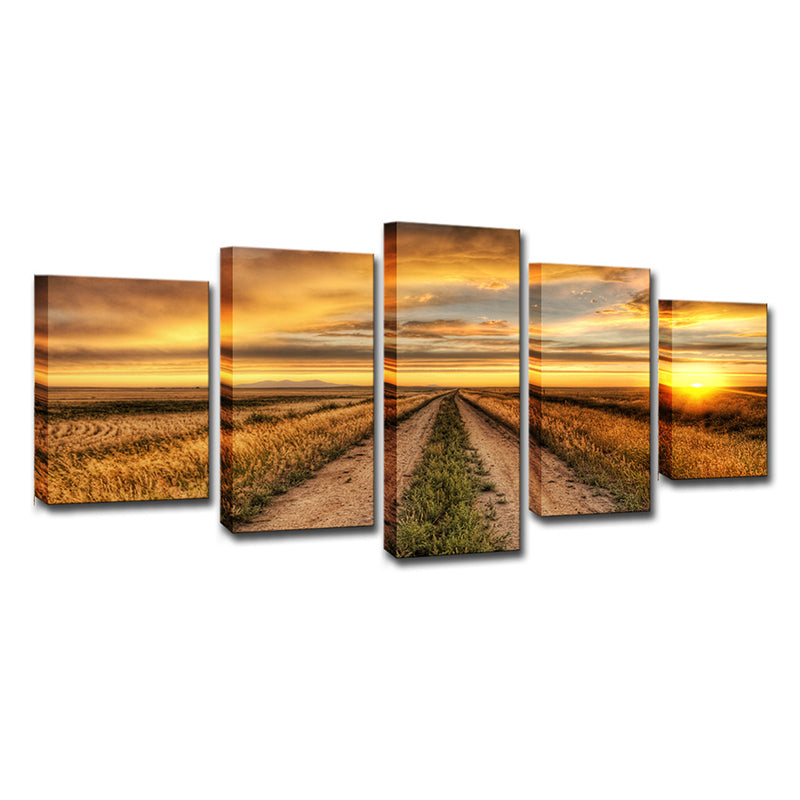 Modern Sunset Farm Lane Art Print Canvas Multi-Piece Yellow Wall Decor for House Interior Clearhalo 'Art Gallery' 'Canvas Art' 'Contemporary Art Gallery' 'Modern' Arts' 1615410