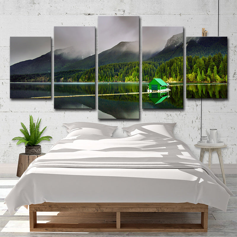 Green Global Inspired Canvas Print Lake House et The Forest Scenery Wall Art