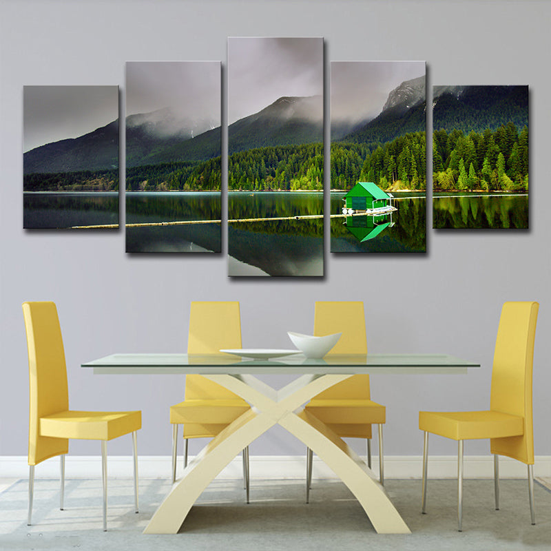 Green Global Inspired Canvas Print Lake House and the Forest Scenery Wall Art