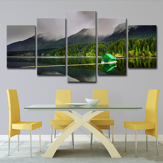 Green Global Inspired Canvas Print Lake House und die Waldkunst der Waldlandschaft