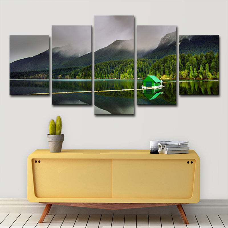 Green Global Inspired Canvas Print Lake House and the Forest Scenery Wall Art