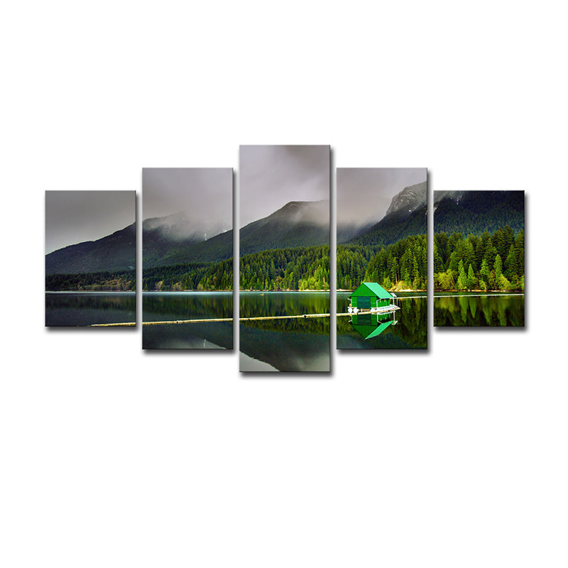 Green Global Inspired Canvas Print Lake House and the Forest Scenery Wall Art