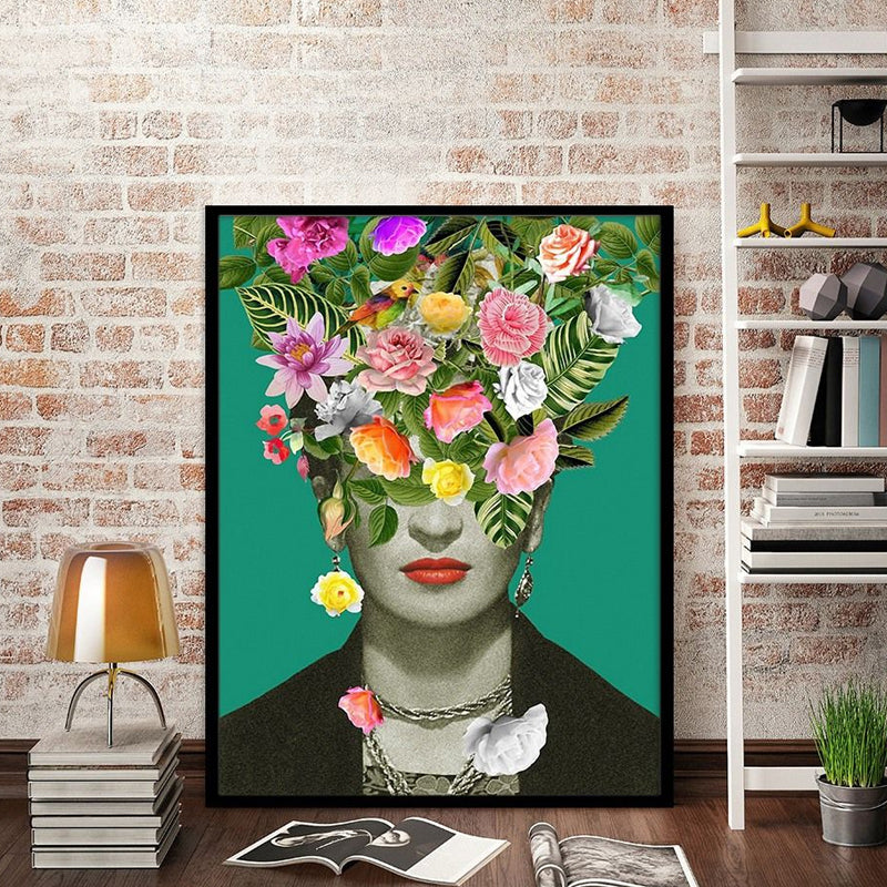 Mujer de lona de estilo bohemio verde con flores coronas de arte de pared para sala de estar