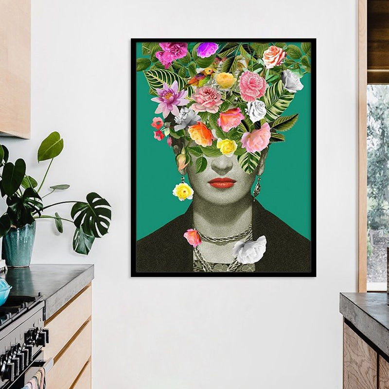 Green Bohemian Style Canvas Woman with Flower Wreath Wall Art for Living Room