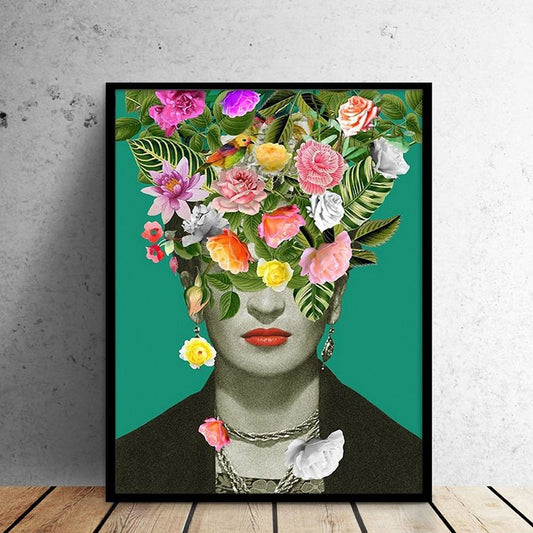 Mujer de lona de estilo bohemio verde con flores coronas de arte de pared para sala de estar