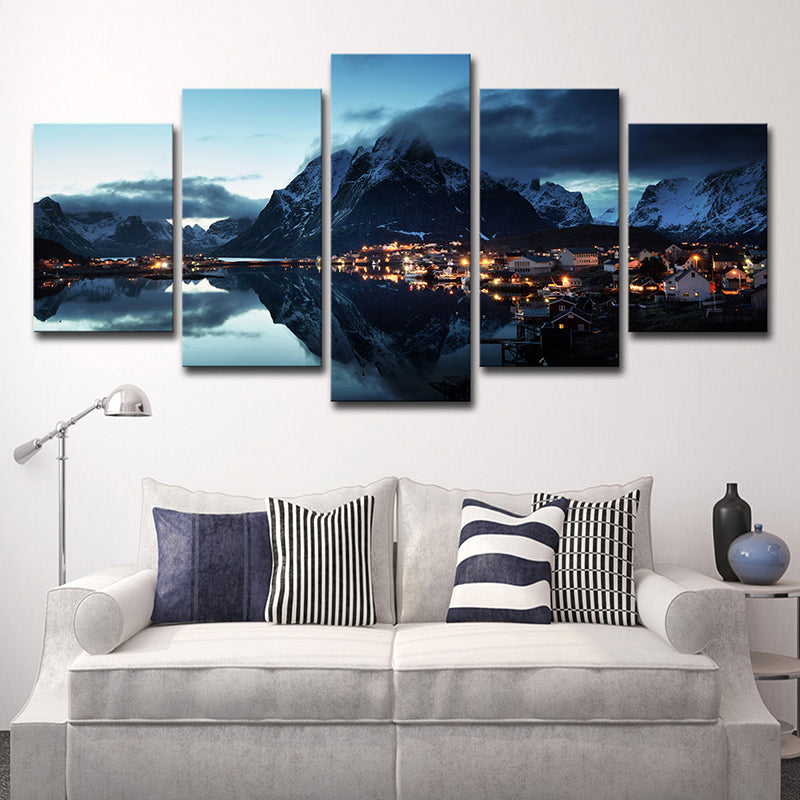 Modern Canvas Print Dark Blue Mountain Village by the River Night Scenery Wall Art Dark Blue Clearhalo 'Art Gallery' 'Canvas Art' 'Contemporary Art Gallery' 'Modern' Arts' 1615625