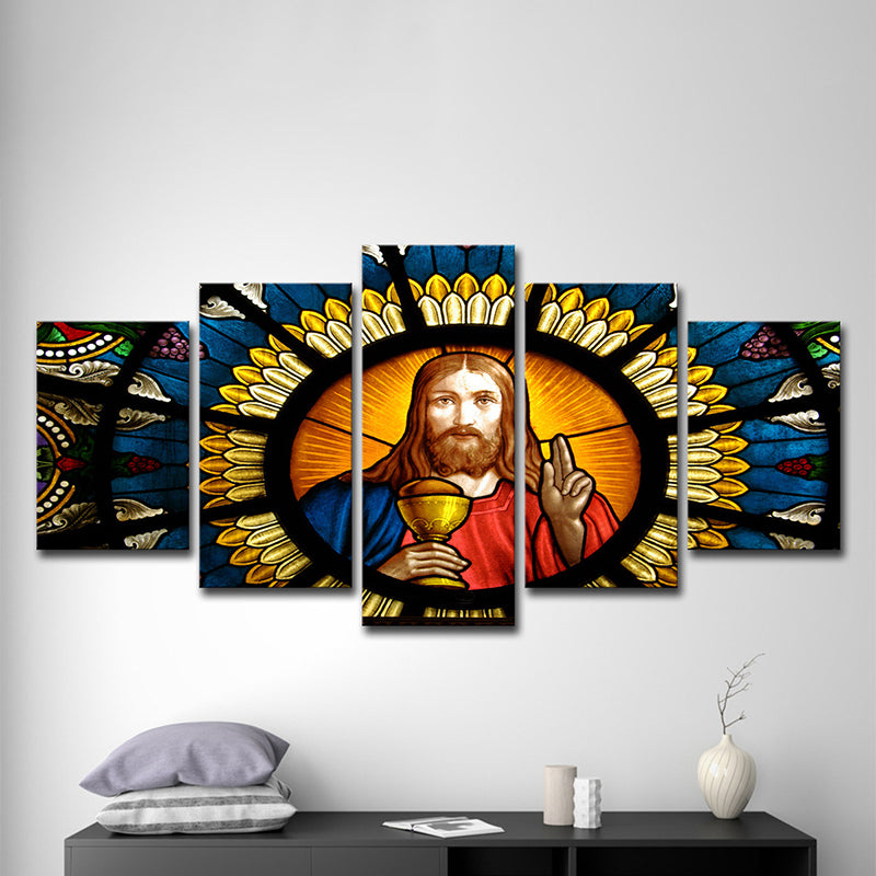 Contemporary Canvas Wall Art Orange and Blue Jesus Painting Wall Decor for Living Room