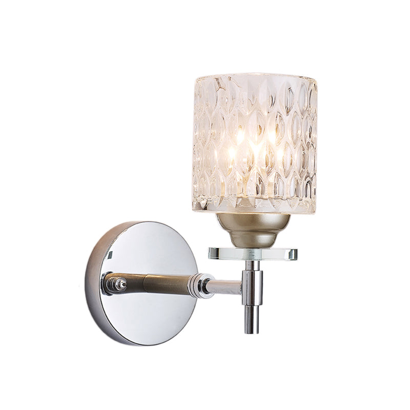Dimpled Glass Cylinder Wall Sconce 1 Light Modern Style Sconce Light Fixture in Black/Chrome Finish Clearhalo 'Cast Iron' 'Glass' 'Industrial' 'Modern wall lights' 'Modern' 'Tiffany' 'Traditional wall lights' 'Wall Lamps & Sconces' 'Wall Lights' Lighting' 161575