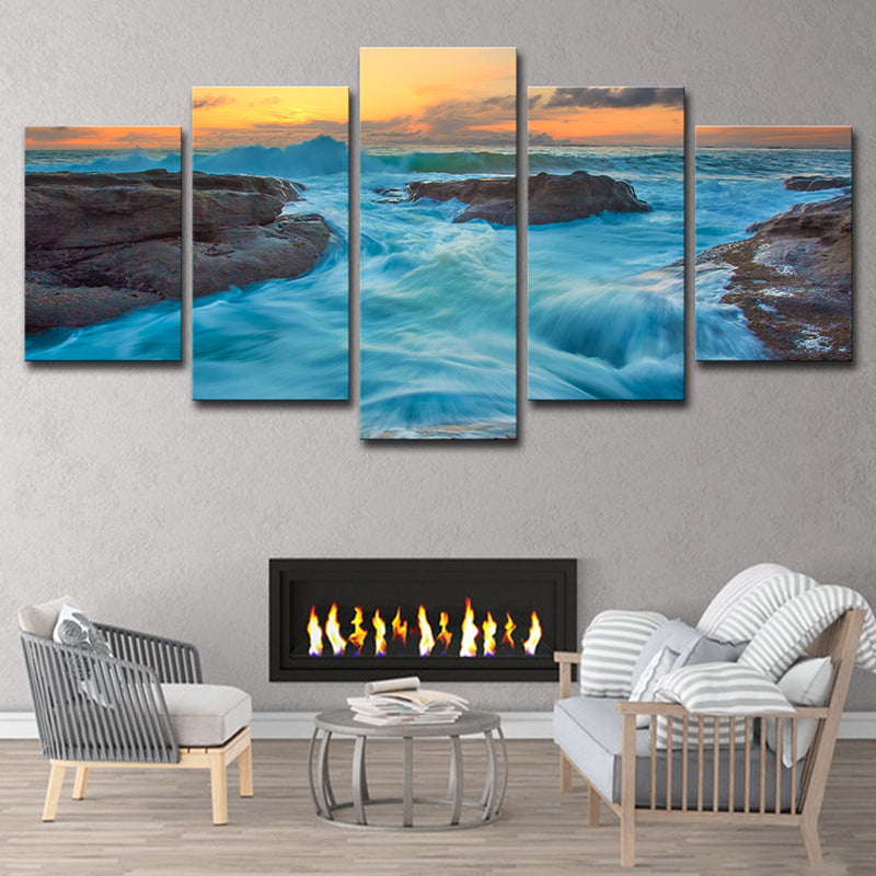 Nightfall Seascape Rushing Water Art Print Modern Canvas Wall Decor in Ocean Blue Ocean Blue Clearhalo 'Art Gallery' 'Canvas Art' 'Contemporary Art Gallery' 'Modern' Arts' 1615831