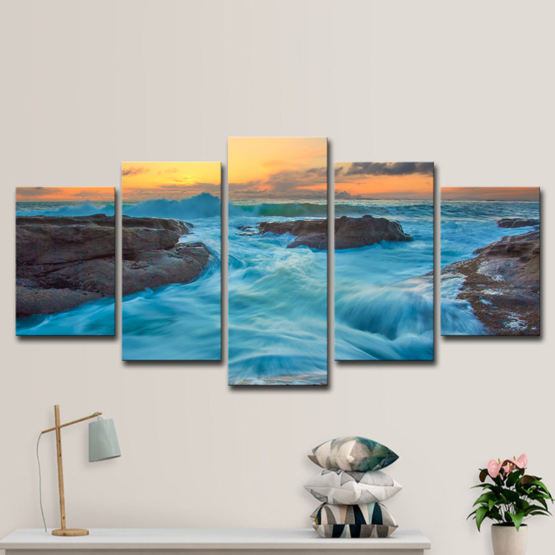 Nightfall Seascape Rushing Water Art Print Modern Canvas Wall Decor in Ocean Blue Clearhalo 'Art Gallery' 'Canvas Art' 'Contemporary Art Gallery' 'Modern' Arts' 1615832