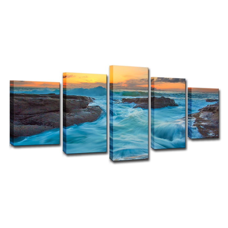 Nightfall Seascape Rushing Water Art Print Modern Canvas Wall Decor in Ocean Blue Clearhalo 'Art Gallery' 'Canvas Art' 'Contemporary Art Gallery' 'Modern' Arts' 1615834