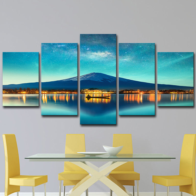 Blue Starry Night Sky Art Print Cone Mountain Landscape Modern Multi-Piece Wall Decor Clearhalo 'Art Gallery' 'Canvas Art' 'Contemporary Art Gallery' 'Modern' Arts' 1615846