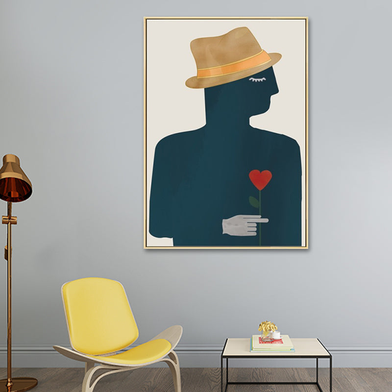 Texture en toile peinture nordique gentleman tenant un art mural de fleurs en forme d'amour