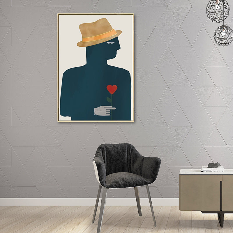 Texture en toile peinture nordique gentleman tenant un art mural de fleurs en forme d'amour