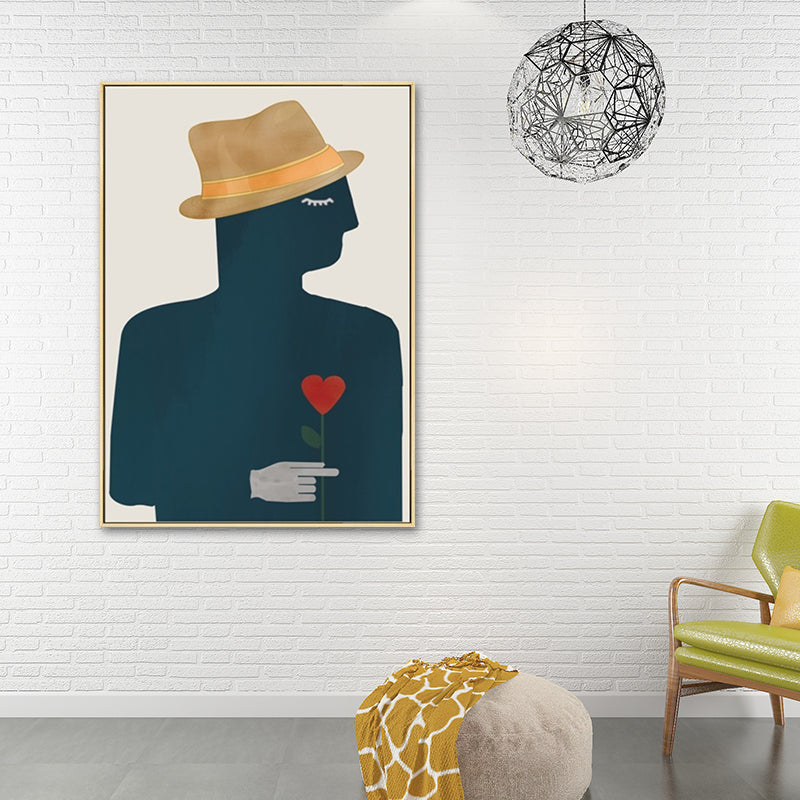 Texture en toile peinture nordique gentleman tenant un art mural de fleurs en forme d'amour