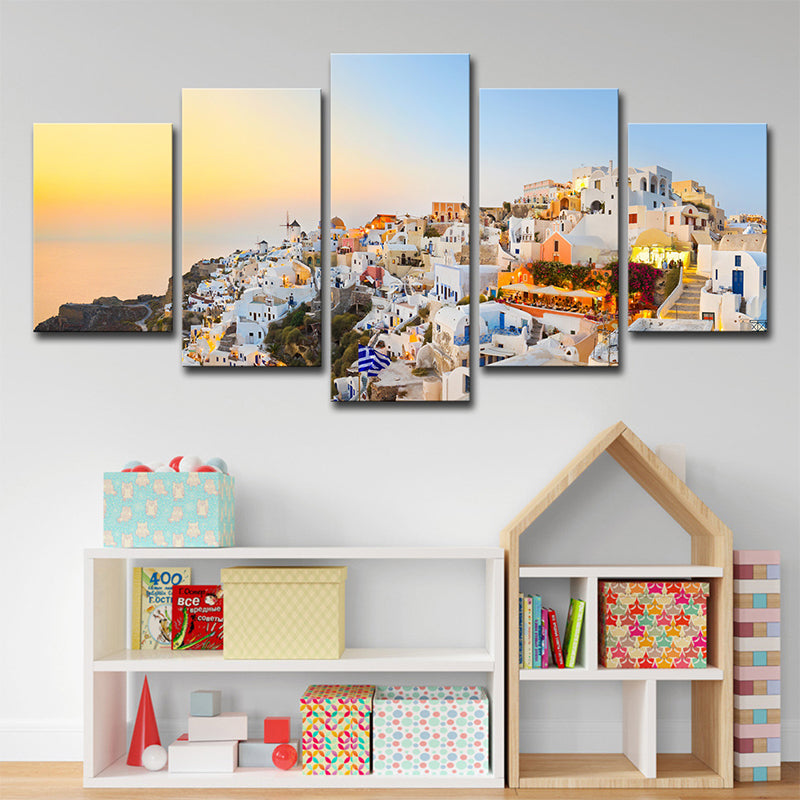 Santorini Island Sundown Scenery Canvas White Global Inspired Wall Art for Bedroom White Clearhalo 'Art Gallery' 'Canvas Art' 'Contemporary Art Gallery' 'Modern' Arts' 1616081