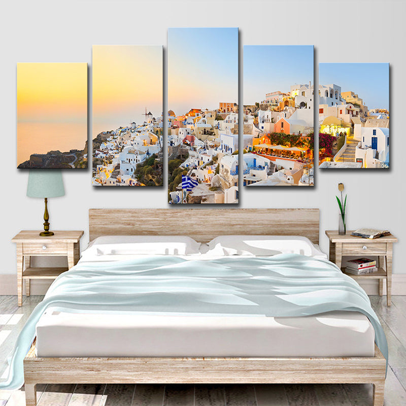 Santorini Island Sundown Scenery Canvas White Global Inspired Wall Art for Bedroom Clearhalo 'Art Gallery' 'Canvas Art' 'Contemporary Art Gallery' 'Modern' Arts' 1616082