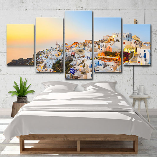Santorini Island Sundown Scenery Canvas White Global Inspired Wall Art for Bedroom Clearhalo 'Art Gallery' 'Canvas Art' 'Contemporary Art Gallery' 'Modern' Arts' 1616083