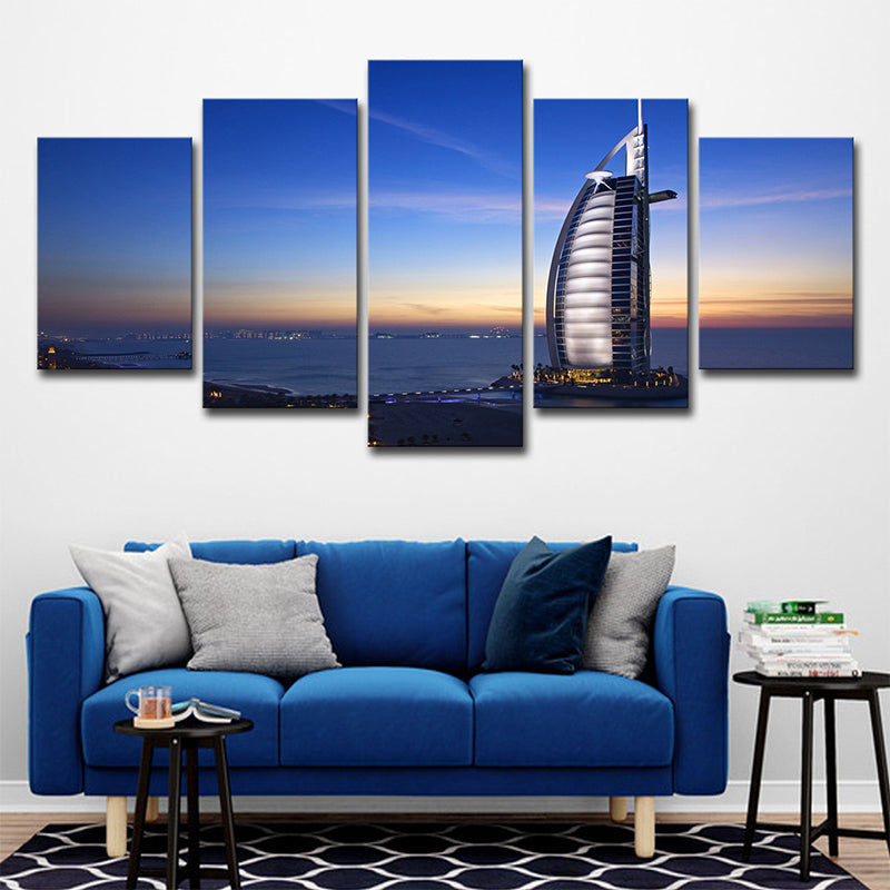 Landmark Wall Art Decor for Room Burj Al Arab Hotel at Sunset Canvas in Blue, Multi-Piece Blue Clearhalo 'Art Gallery' 'Canvas Art' 'Contemporary Art Gallery' 'Modern' Arts' 1616088