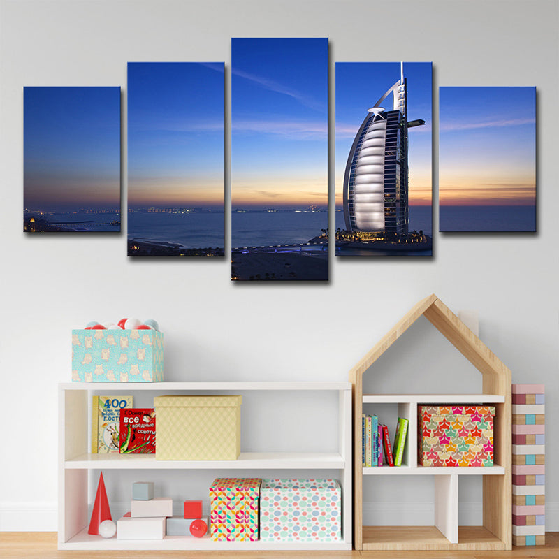 Landmark Wall Art Decor for Room Burj Al Arab Hotel at Sunset Canvas in Blue, Multi-Piece Clearhalo 'Art Gallery' 'Canvas Art' 'Contemporary Art Gallery' 'Modern' Arts' 1616090