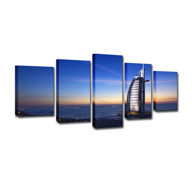 Landmark Wall Art Decor for Room Burj Al Arab Hotel at Sunset Canvas in Blue, Multi-Piece Clearhalo 'Art Gallery' 'Canvas Art' 'Contemporary Art Gallery' 'Modern' Arts' 1616091