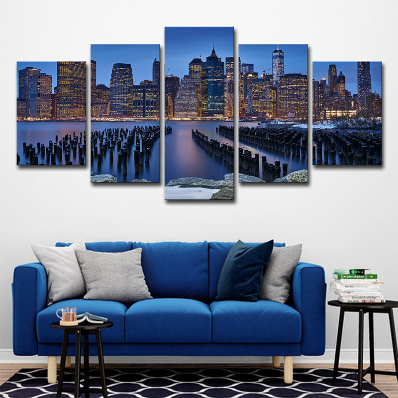 Manhattan Night View Wall Art Decor Blue Contemporary Canvas Print for Living Room Blue Clearhalo 'Art Gallery' 'Canvas Art' 'Contemporary Art Gallery' 'Modern' Arts' 1616095