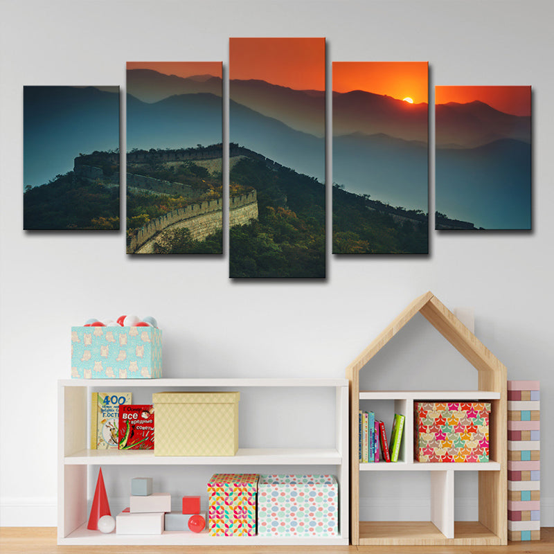 Global Inspired Canvas Print Dark Green the Great Wall Sundown View Wall Art Clearhalo 'Art Gallery' 'Canvas Art' 'Contemporary Art Gallery' 'Modern' Arts' 1616103