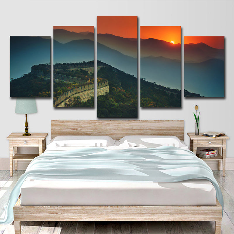 Global Inspired Canvas Print Dark Green the Great Wall Sundown View Wall Art Clearhalo 'Art Gallery' 'Canvas Art' 'Contemporary Art Gallery' 'Modern' Arts' 1616104