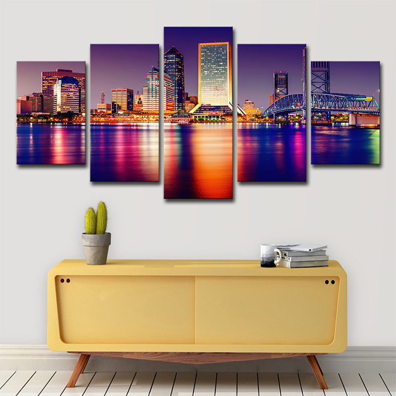 Modern Skyscraper Night Cityscape Canvas Purple Multi-Piece Wall Art Print for Home Purple Clearhalo 'Art Gallery' 'Canvas Art' 'Contemporary Art Gallery' 'Modern' Arts' 1616109