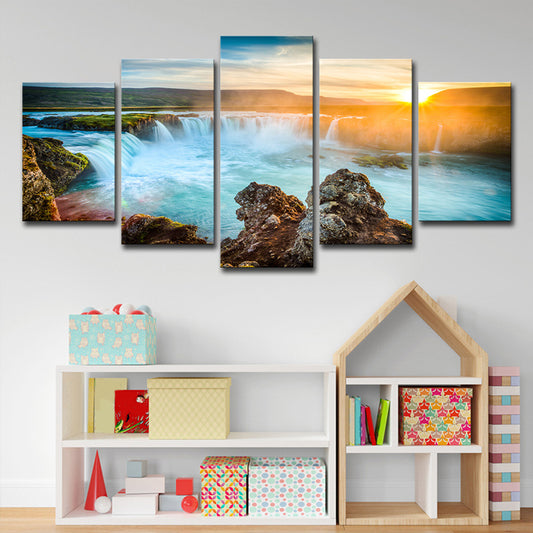 Amazing Iceland Cascades Canvas Art House Interior Sunset Landscape Wall Decor in Blue Clearhalo 'Art Gallery' 'Canvas Art' 'Coastal Art Gallery' 'Tropical' Arts' 1616118