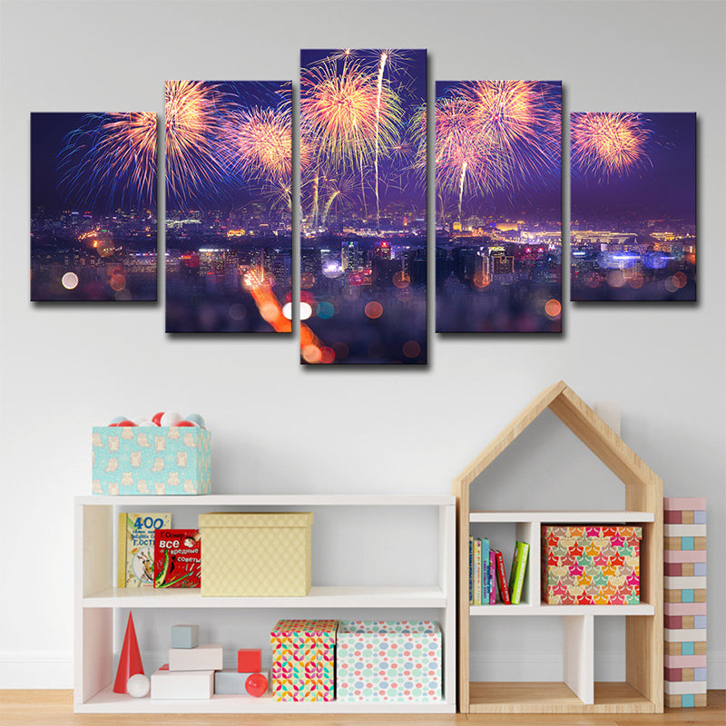 Fireworks Canvas Print Modernism Stunning City Night Scenery Wall Art in Purple Purple Clearhalo 'Art Gallery' 'Canvas Art' 'Contemporary Art Gallery' 'Modern' Arts' 1616144