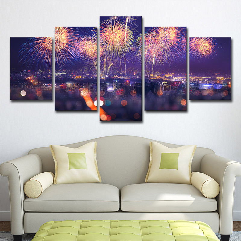 Fireworks Canvas Print Modernism Stunning City Night Scenery Wall Art in Purple Clearhalo 'Art Gallery' 'Canvas Art' 'Contemporary Art Gallery' 'Modern' Arts' 1616145