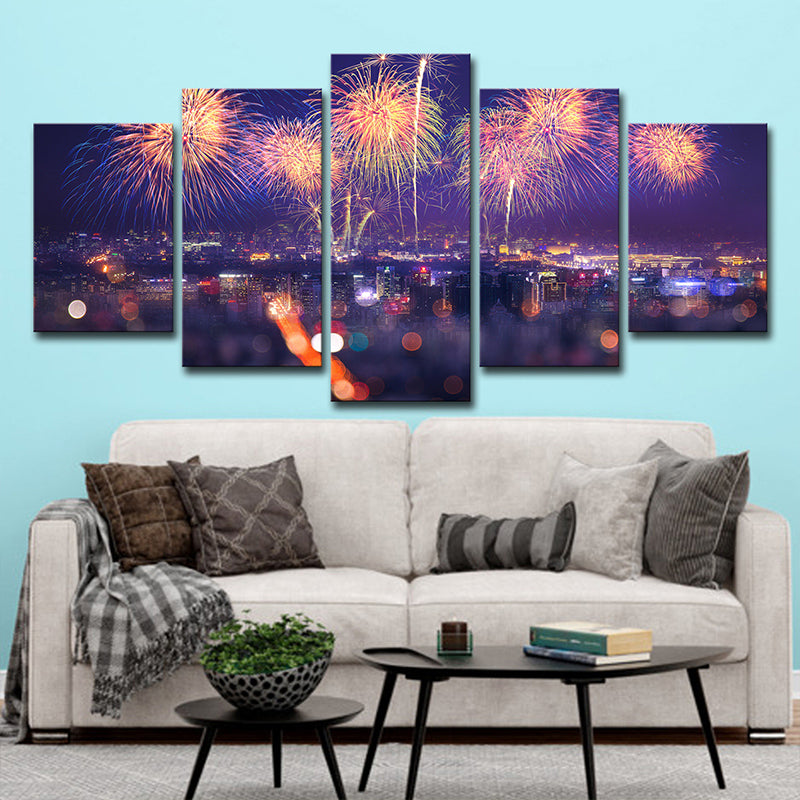 Fireworks Canvas Print Modernism Stunning City Night Scenery Wall Art in Purple Clearhalo 'Art Gallery' 'Canvas Art' 'Contemporary Art Gallery' 'Modern' Arts' 1616146