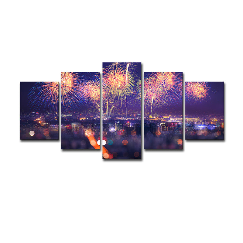 Fireworks Canvas Print Modernism Stunning City Night Scenery Wall Art in Purple Clearhalo 'Art Gallery' 'Canvas Art' 'Contemporary Art Gallery' 'Modern' Arts' 1616147