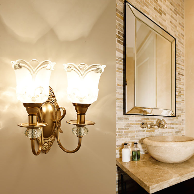 Frosted Glass Petal Wall Lamp 1/2 Light Contemporary Sconce Lighting with Crystal Deco and Carved Backplate in Gold Clearhalo 'Cast Iron' 'Glass' 'Industrial' 'Modern wall lights' 'Modern' 'Tiffany' 'Traditional wall lights' 'Wall Lamps & Sconces' 'Wall Lights' Lighting' 161615