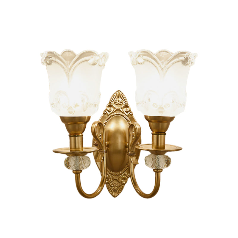 Frosted Glass Petal Wall Lamp 1/2 Light Contemporary Sconce Lighting with Crystal Deco and Carved Backplate in Gold Clearhalo 'Cast Iron' 'Glass' 'Industrial' 'Modern wall lights' 'Modern' 'Tiffany' 'Traditional wall lights' 'Wall Lamps & Sconces' 'Wall Lights' Lighting' 161616