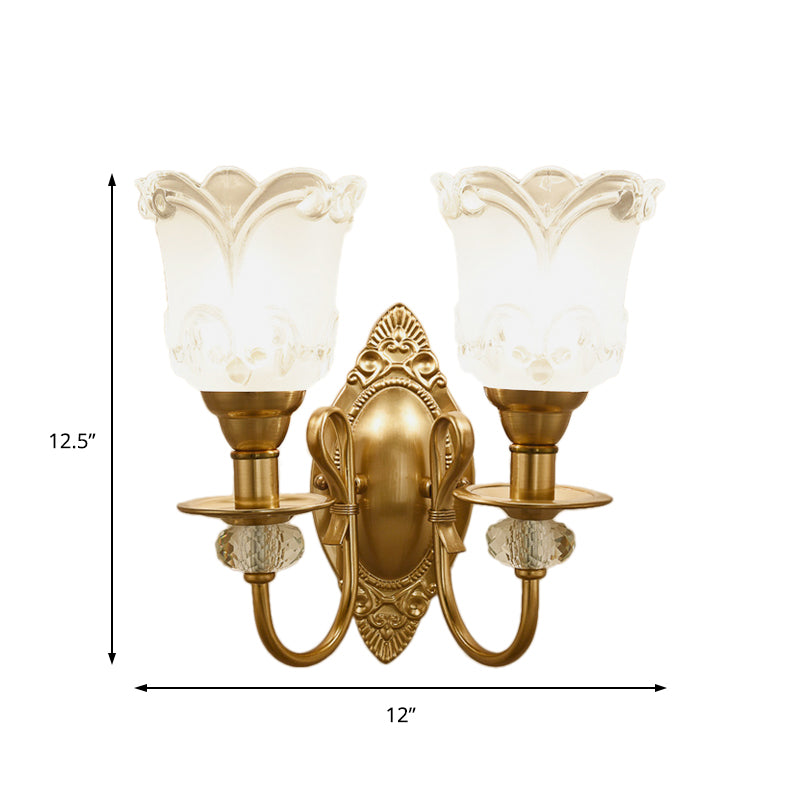 Frosted Glass Petal Wall Lamp 1/2 Light Contemporary Sconce Lighting with Crystal Deco and Carved Backplate in Gold Clearhalo 'Cast Iron' 'Glass' 'Industrial' 'Modern wall lights' 'Modern' 'Tiffany' 'Traditional wall lights' 'Wall Lamps & Sconces' 'Wall Lights' Lighting' 161617