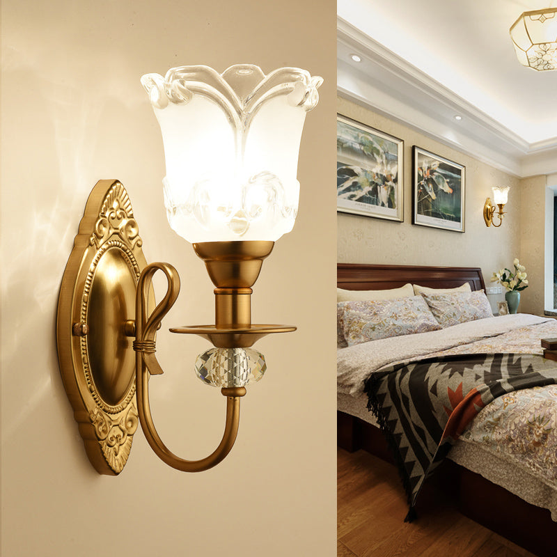 Frosted Glass Petal Wall Lamp 1/2 Light Contemporary Sconce Lighting with Crystal Deco and Carved Backplate in Gold 1.0 Gold Clearhalo 'Cast Iron' 'Glass' 'Industrial' 'Modern wall lights' 'Modern' 'Tiffany' 'Traditional wall lights' 'Wall Lamps & Sconces' 'Wall Lights' Lighting' 161619