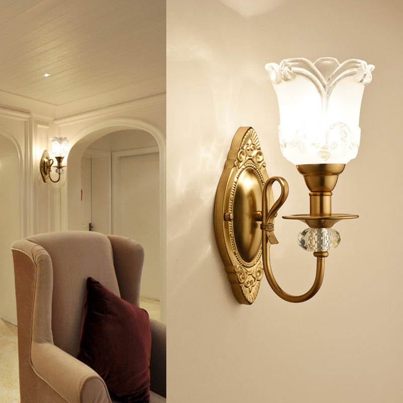 Frosted Glass Petal Wall Lamp 1/2 Light Contemporary Sconce Lighting with Crystal Deco and Carved Backplate in Gold Clearhalo 'Cast Iron' 'Glass' 'Industrial' 'Modern wall lights' 'Modern' 'Tiffany' 'Traditional wall lights' 'Wall Lamps & Sconces' 'Wall Lights' Lighting' 161620
