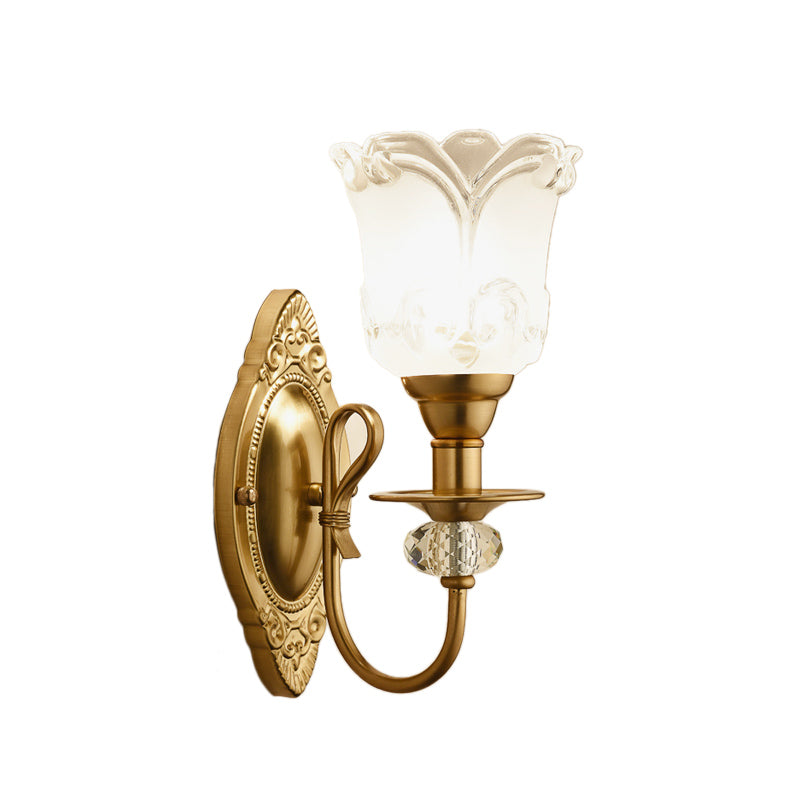 Frosted Glass Petal Wall Lamp 1/2 Light Contemporary Sconce Lighting with Crystal Deco and Carved Backplate in Gold Clearhalo 'Cast Iron' 'Glass' 'Industrial' 'Modern wall lights' 'Modern' 'Tiffany' 'Traditional wall lights' 'Wall Lamps & Sconces' 'Wall Lights' Lighting' 161621