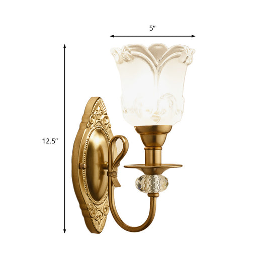 Frosted Glass Petal Wall Lamp 1/2 Light Contemporary Sconce Lighting with Crystal Deco and Carved Backplate in Gold Clearhalo 'Cast Iron' 'Glass' 'Industrial' 'Modern wall lights' 'Modern' 'Tiffany' 'Traditional wall lights' 'Wall Lamps & Sconces' 'Wall Lights' Lighting' 161622