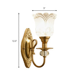 Frosted Glass Petal Wall Lamp 1/2 Light Contemporary Sconce Lighting with Crystal Deco and Carved Backplate in Gold Clearhalo 'Cast Iron' 'Glass' 'Industrial' 'Modern wall lights' 'Modern' 'Tiffany' 'Traditional wall lights' 'Wall Lamps & Sconces' 'Wall Lights' Lighting' 161622