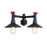 2 Bulbs Sconce Light Industrial Style Cone Shade Metallic Wall Lighting with Valve Wheel and Pipe in Black Clearhalo 'Art deco wall lights' 'Cast Iron' 'Glass' 'Industrial wall lights' 'Industrial' 'Middle century wall lights' 'Modern' 'Rustic wall lights' 'Tiffany' 'Traditional wall lights' 'Wall Lamps & Sconces' 'Wall Lights' Lighting' 161625