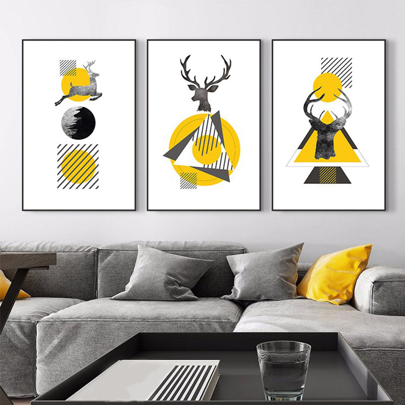 Nordic Wall Art Yellow-White Deer and Geometric Shapes Canvas Print for Living Room