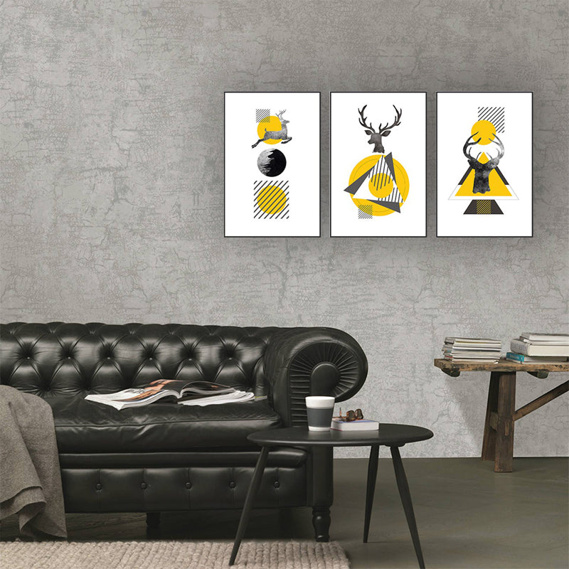 Nordic Wall Art Yellow-White Deer and Geometric Shapes Canvas Print for Living Room