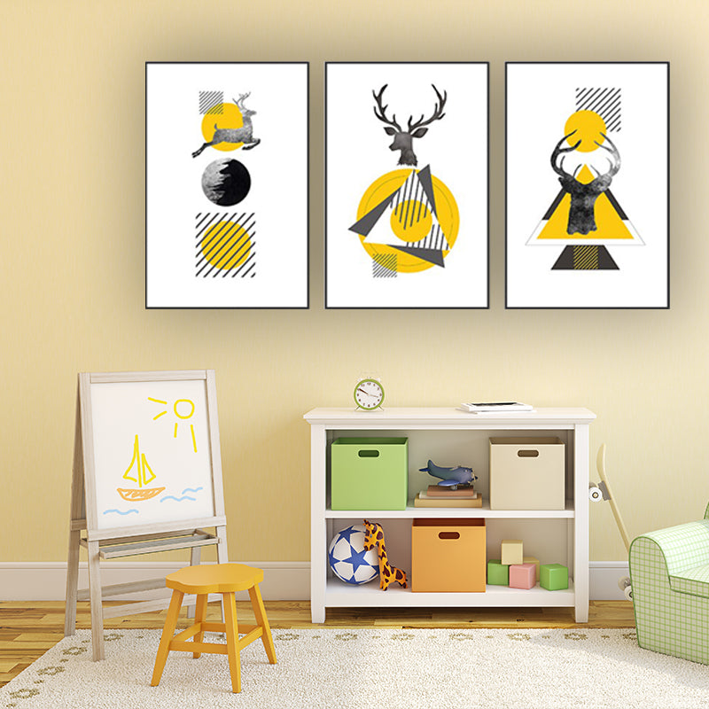 Nordic Wall Art Yellow-White Deer and Geometric Shapes Canvas Print for Living Room