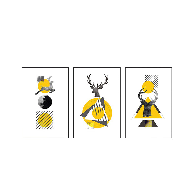 Nordic Wall Art Yellow-White Deer and Geometric Shapes Canvas Print for Living Room